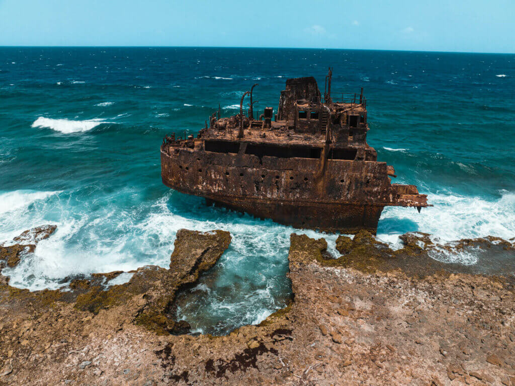 drone view of the shipwreck at Klein Curacao