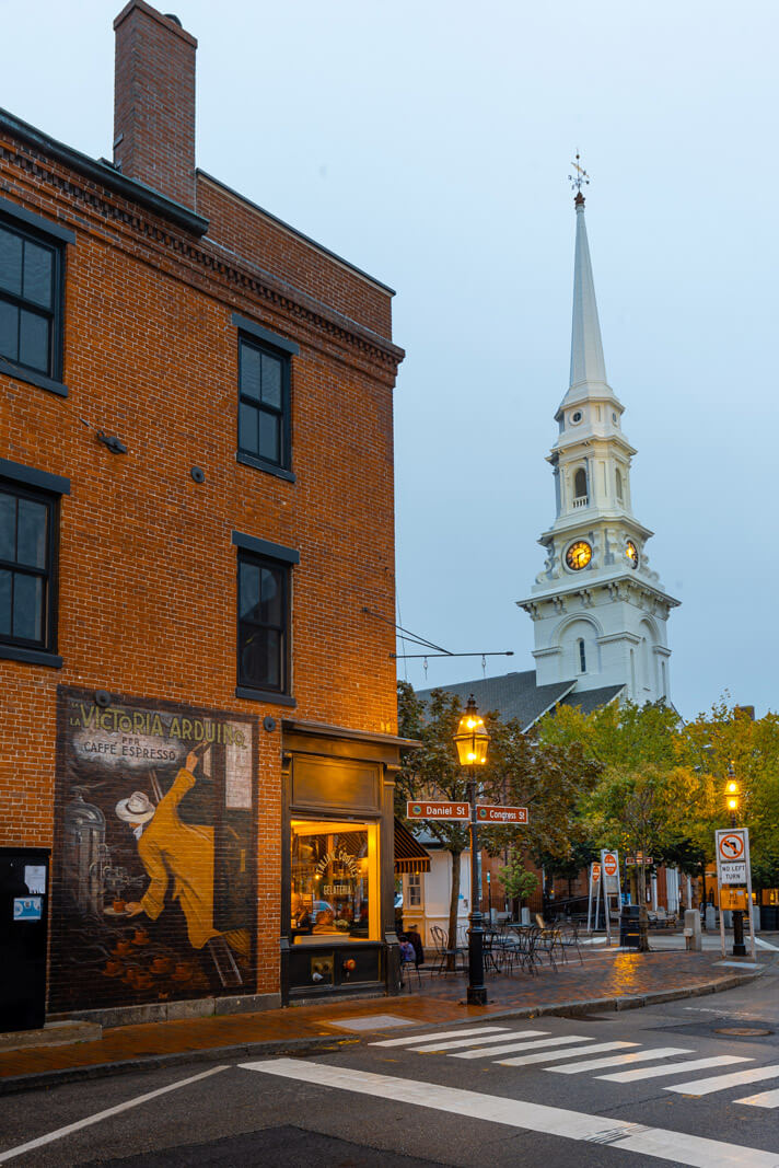 evening view of Market Square in Portsmouth New Hampshire