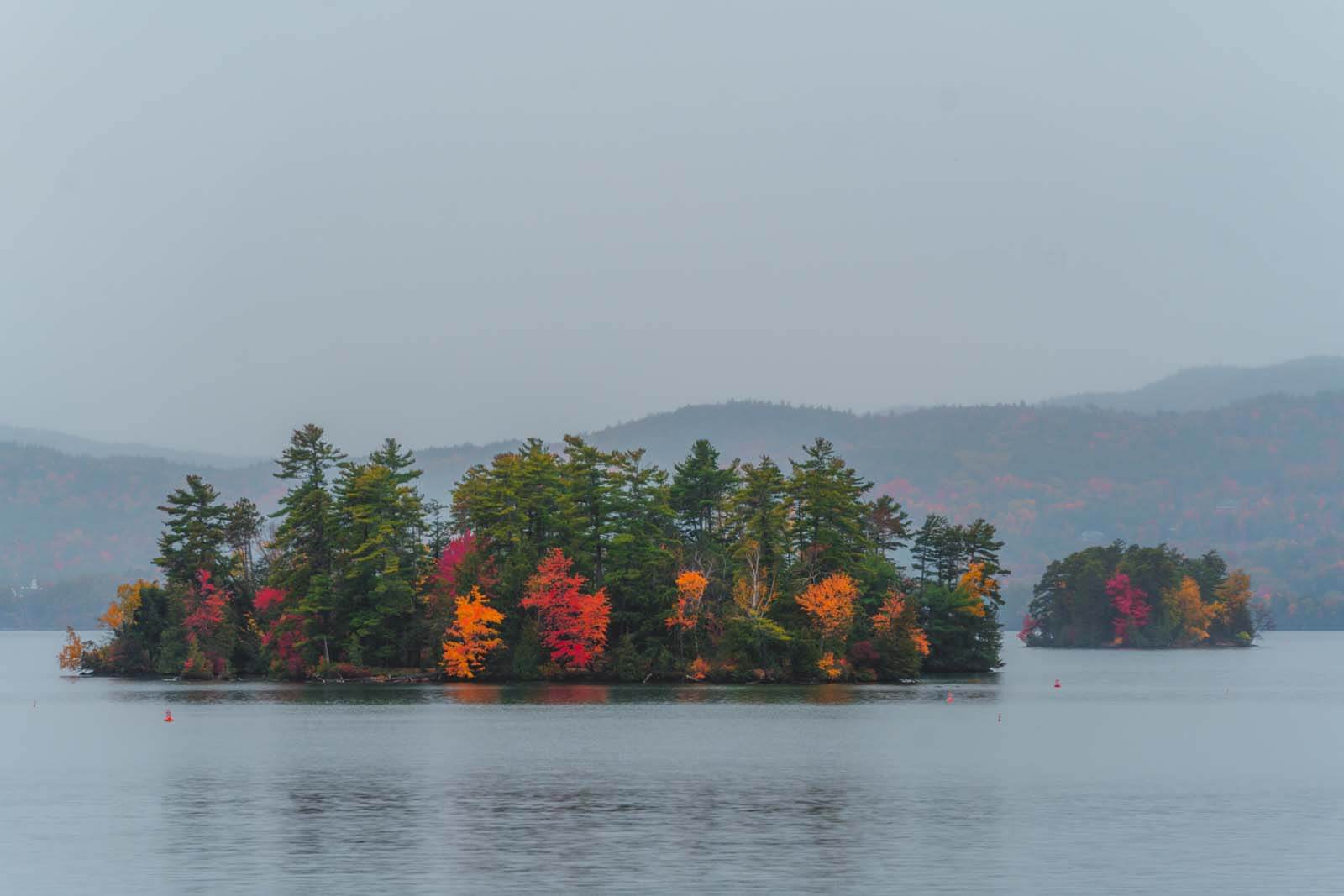 fall foliage and islands of Lake George in New York