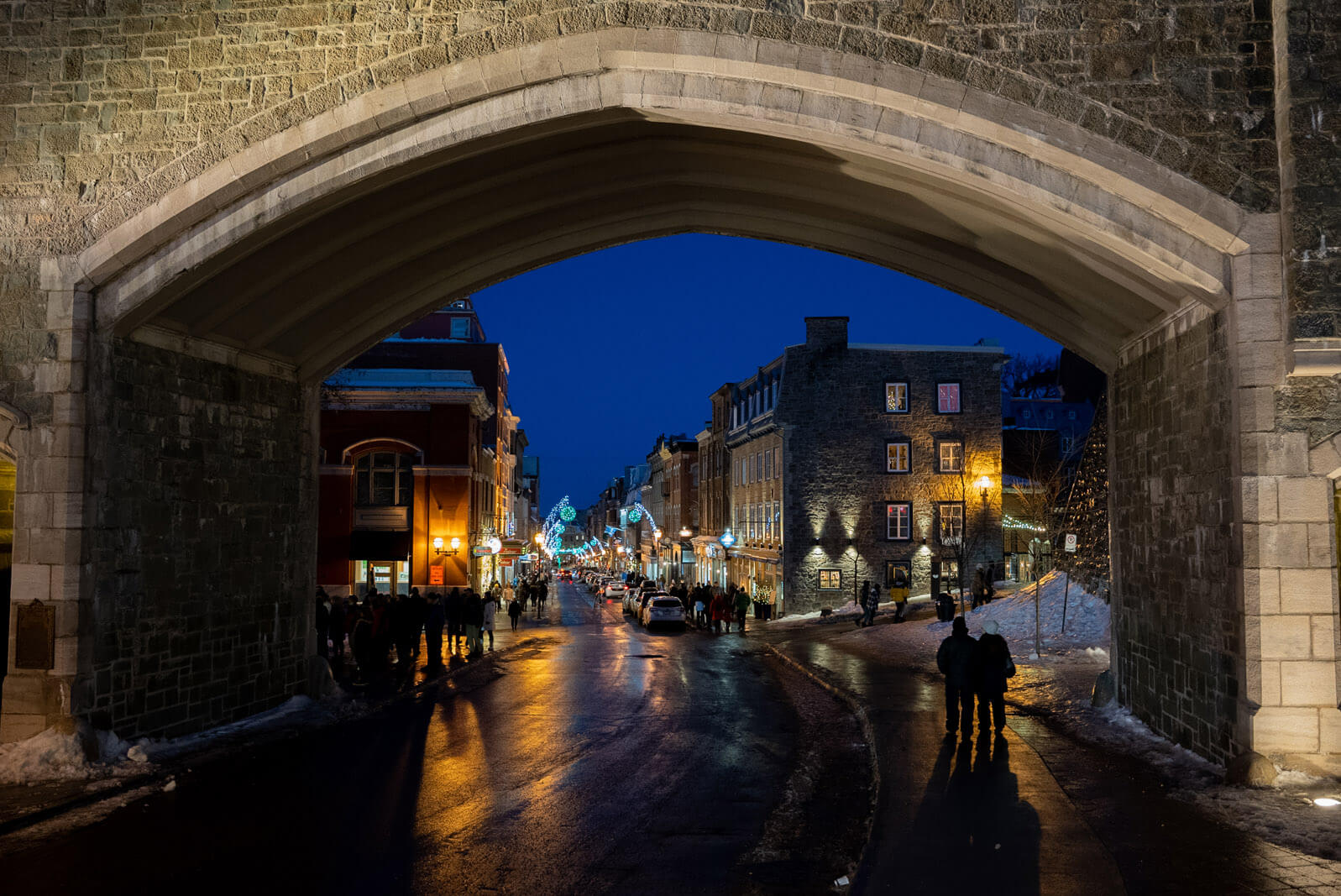 fortification gate to Old Quebec City in Canada at night