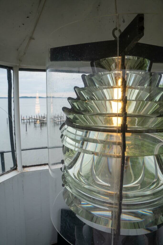 fresnel lens and view from the top of the Concord Point Lighthouse in Havre de Grace Maryland