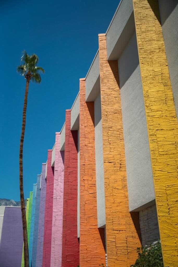 fun rainbow colors of the Saguaro Hotel in Palm Springs California