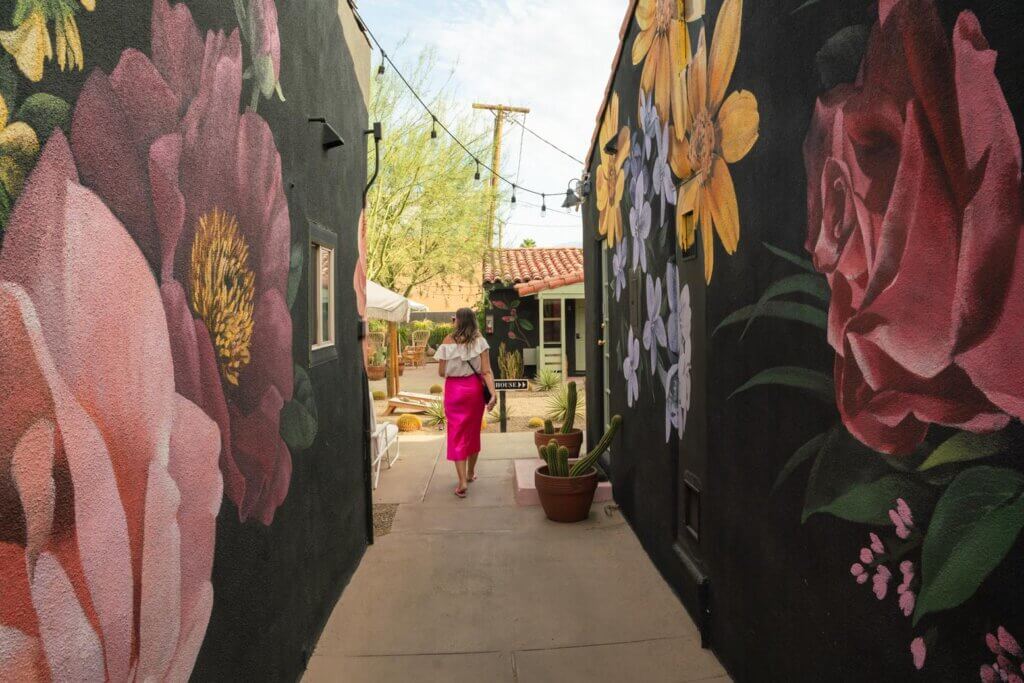 gorgeous flower murals on the casitas at the adult only Fleur Noire Hotel in Palm Springs California