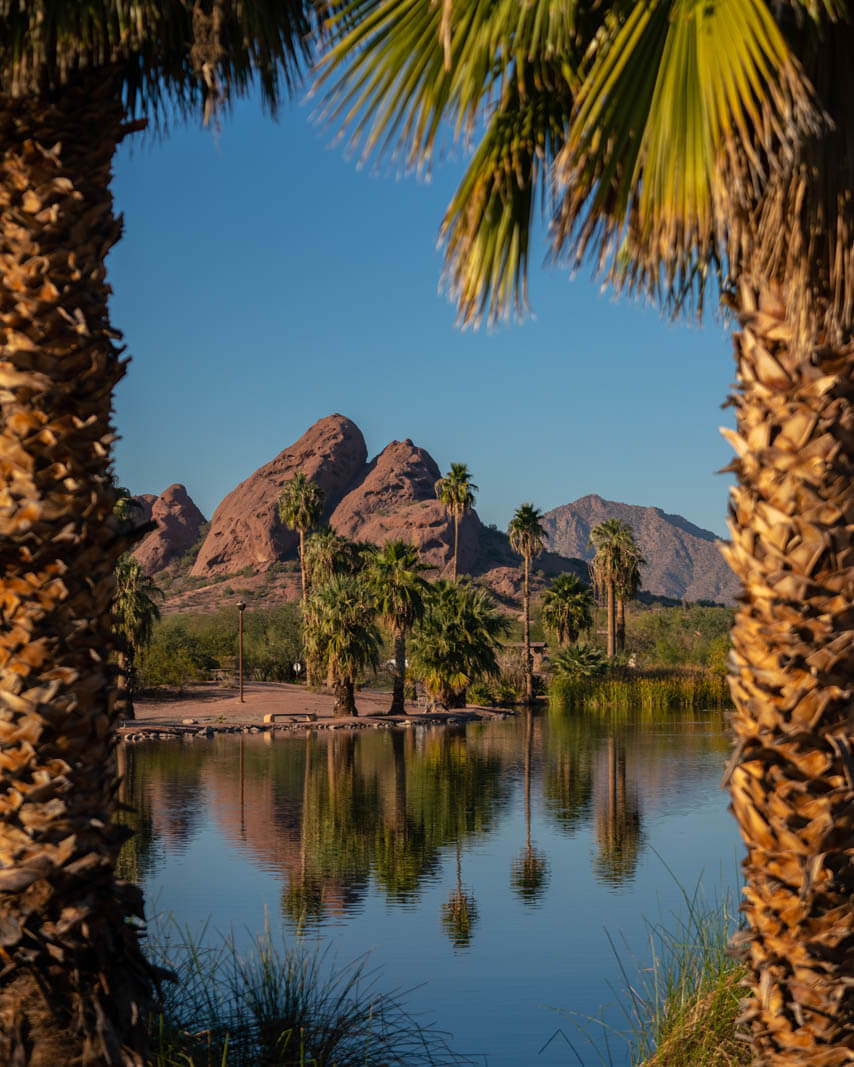 gorgeous lagoon and butte in papago park in tempe arizona