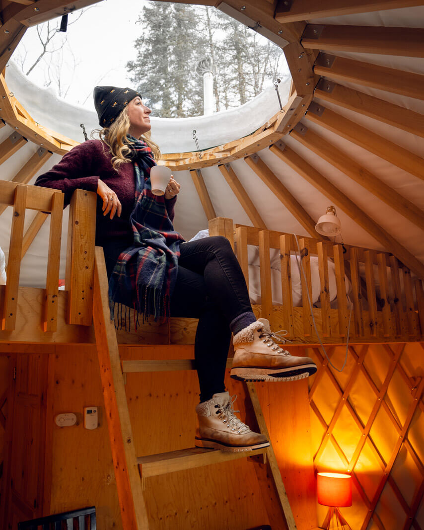 inside our glamping yurt at Imago Village in Monts Valin Saguenay Quebec in winter