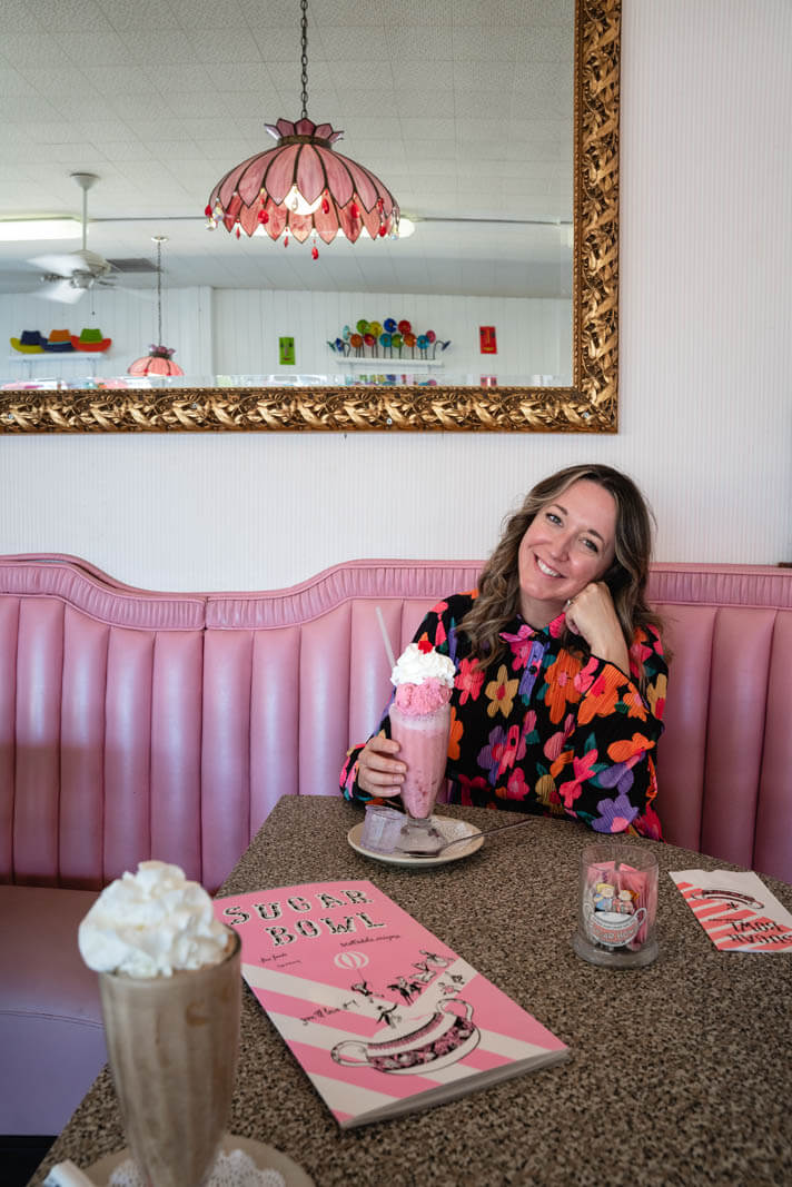 inside the adorably pink Sugar Bowl in Old Town Scottsdale