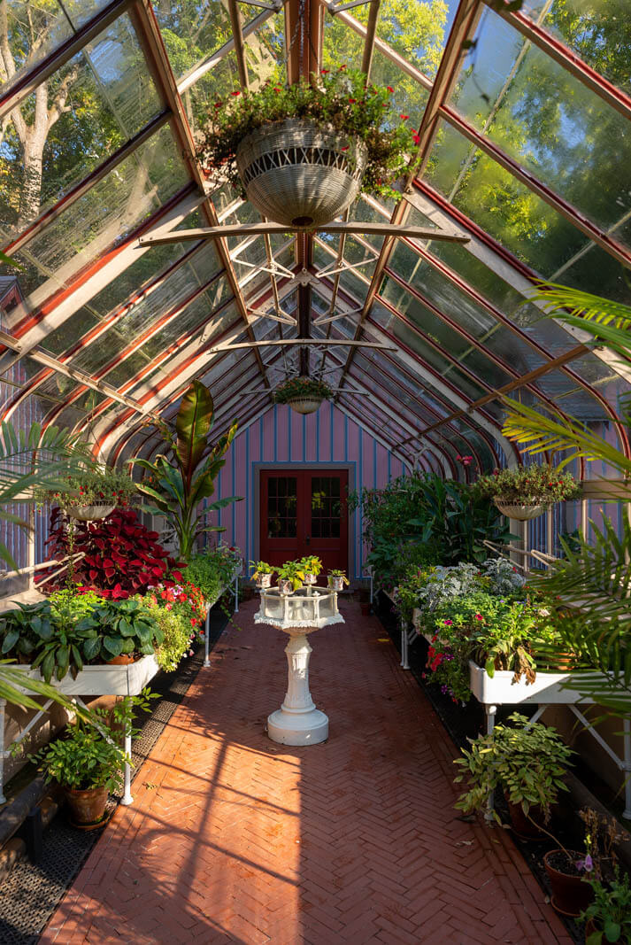 inside the greenhouse at the pink Armour-Stiner Octagon House in Irvington New York