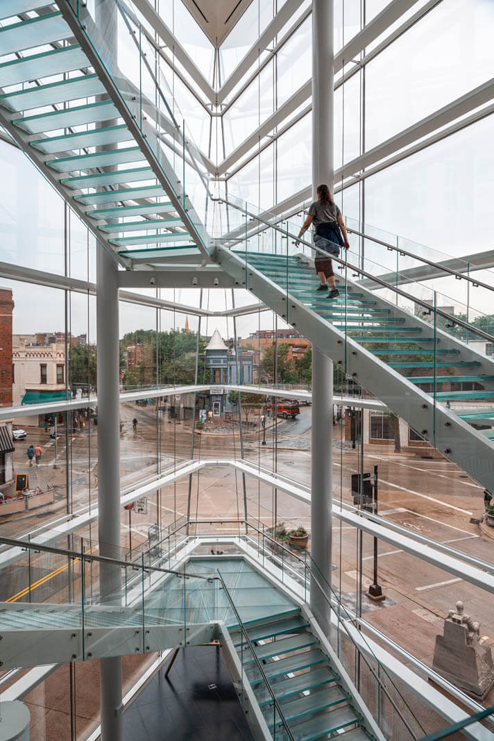 interior of the glass staircase in the Madison Museum of Contemporary Art in Wisconsin