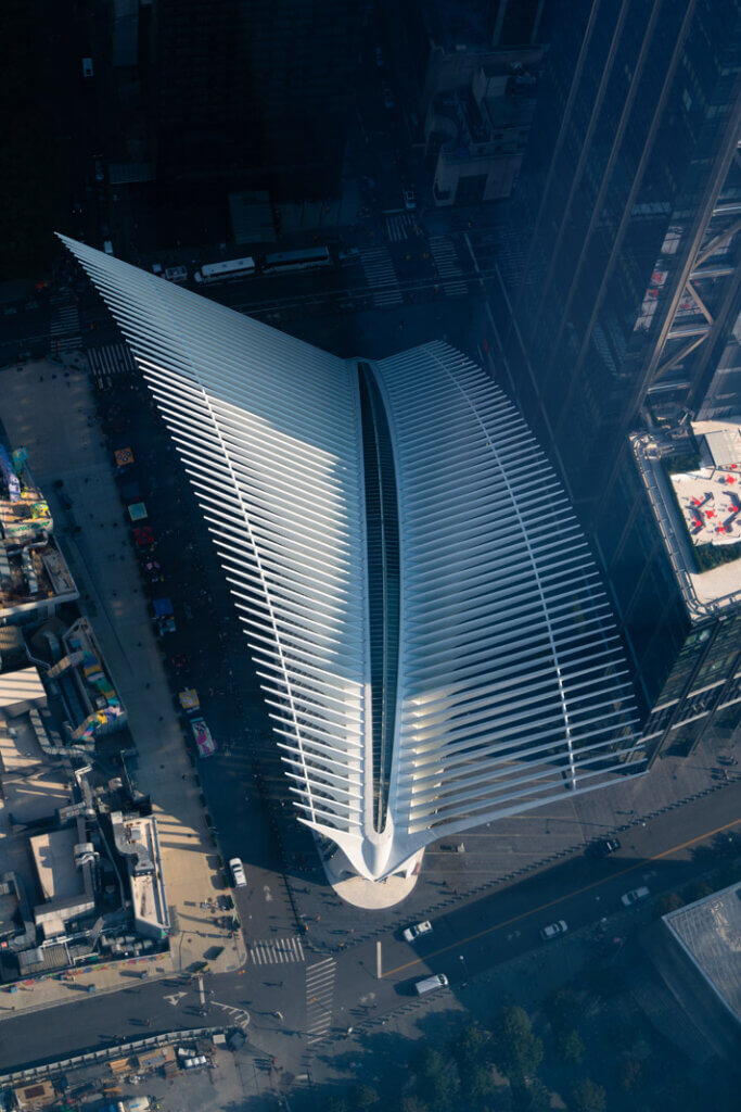 looking down on the Oculus from One World Observatory in NYC