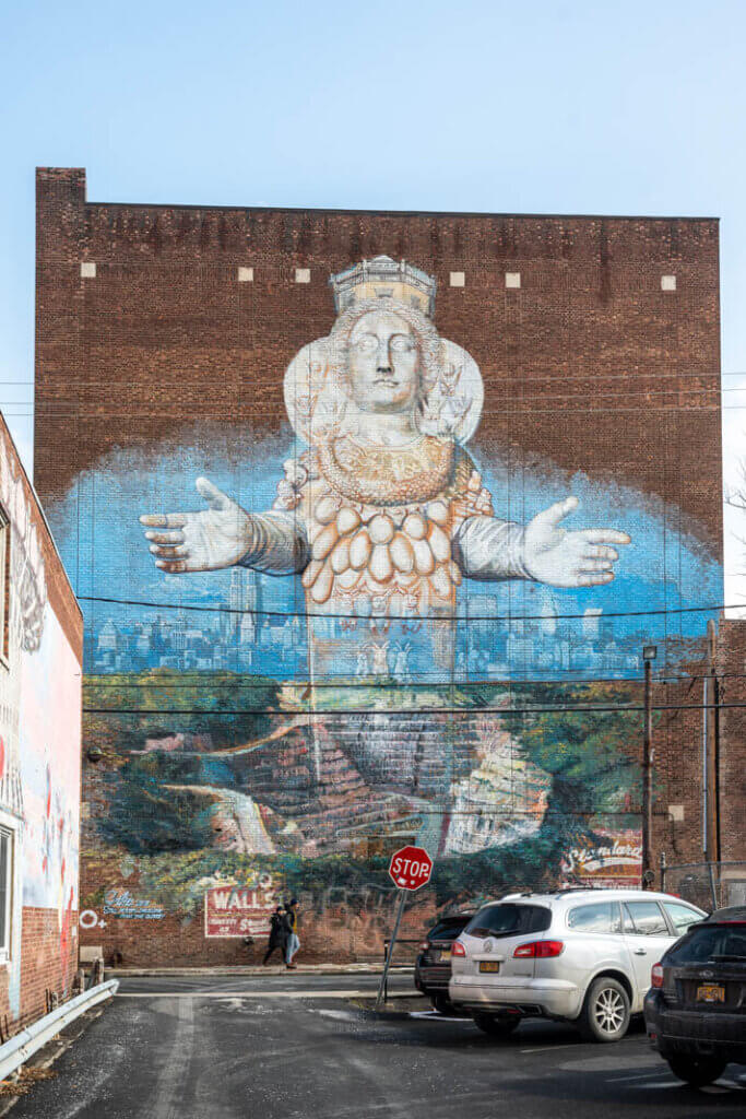 mural above a parking lot in Kingston New York