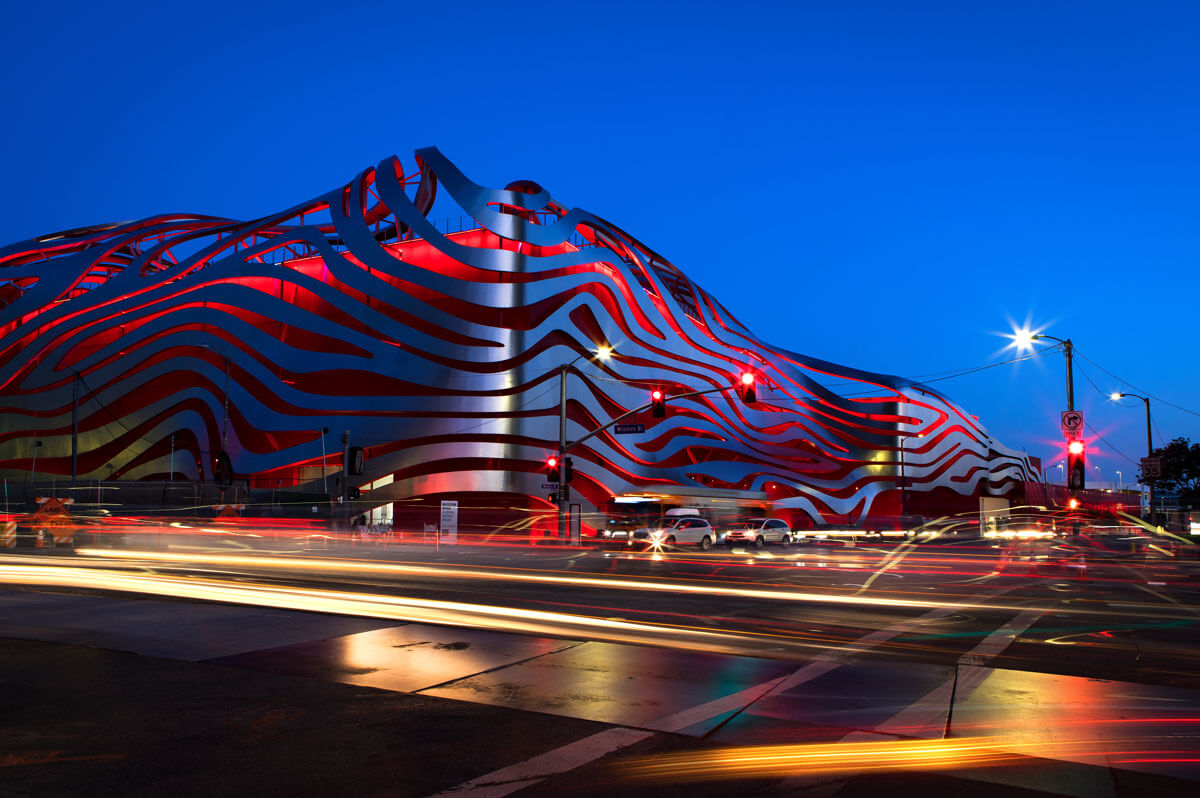 night-exterior-shot-at-Petersen-Automotive-Museum-in-Los-Angeles-California