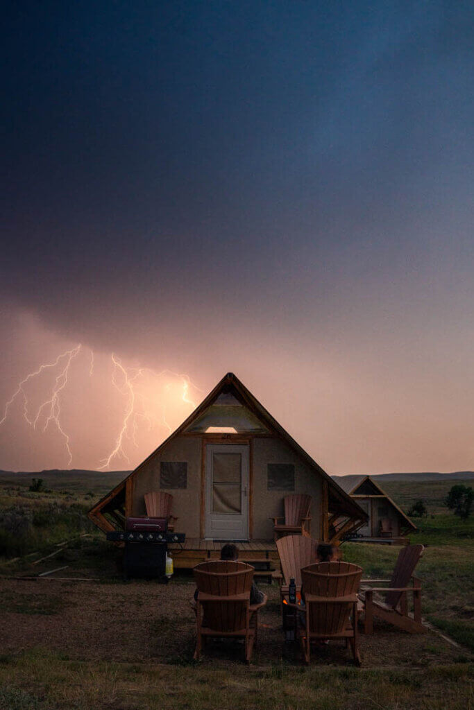 oTENTIKs at Rock Creek Campground with lightning at Grasslands National Park East Block in Saskatchewan Canada