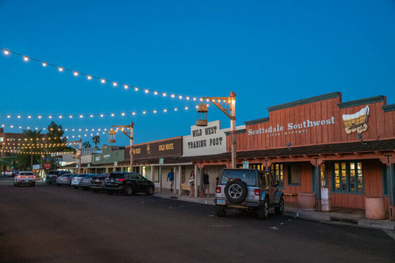 old town Scottsdale lit up at night in Arizona
