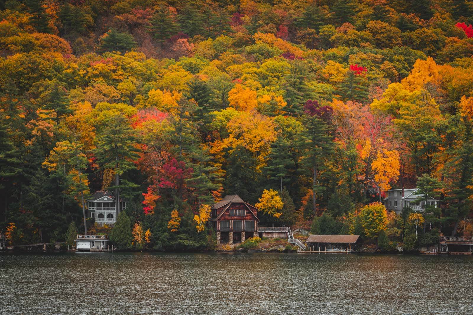 pretty fall foliage and cabin in Lake George NY