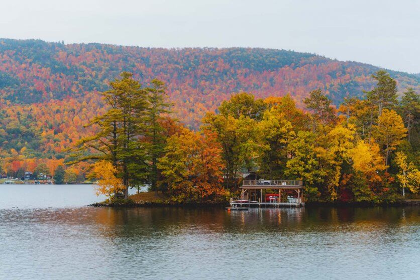 pretty lake george scene in the fall in new york adirondacks