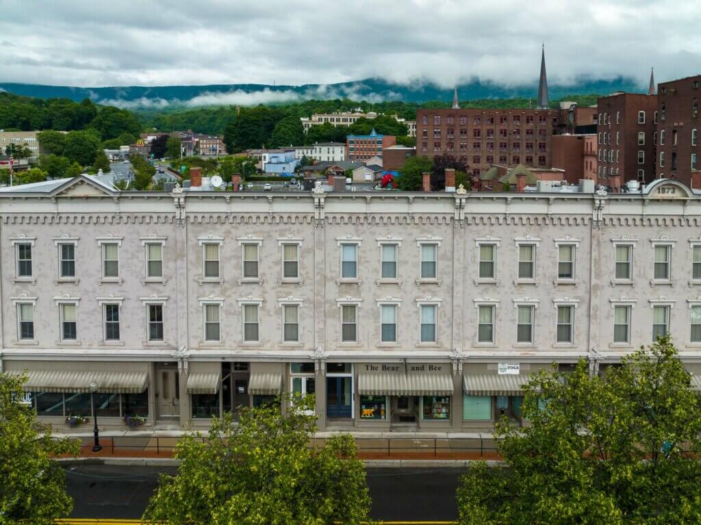 pretty street of storefronts in North Adams Massachusetts in the Berkshires