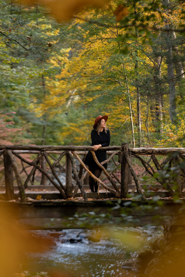 pretty wooden bridge over the Pocantico River in Sleepy Hollow Cemetery in New York