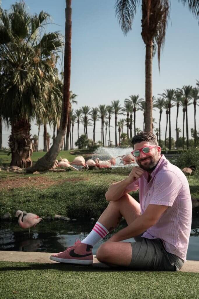 scott with pink flamingos at JW Marriott Desert Springs Resort and Spa