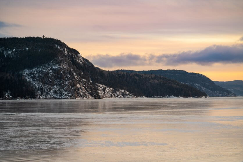 sunrise view of the saguenay fjord in la baie in quebec canada