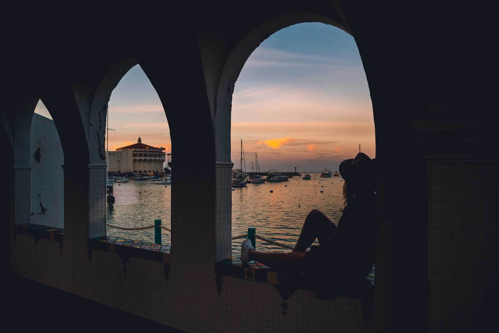 sunset view of the Casino and Catalina Harbor on Catalina Island in California