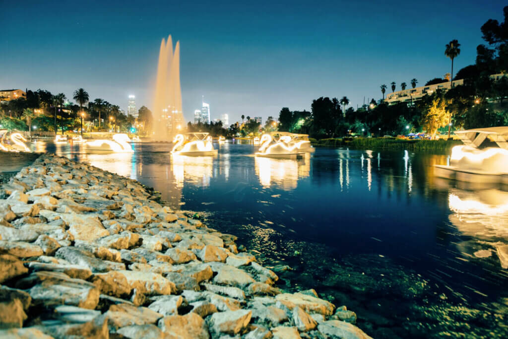 swan-boats-on-echo-park-lake-in-Los-Angeles-at-night
