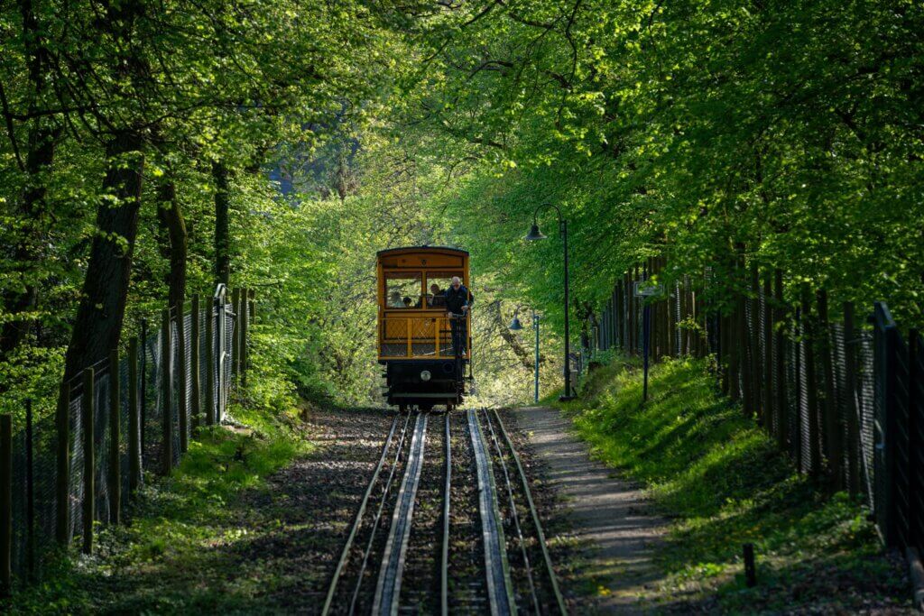 the Nerobergbahn funicular goign up the track in Wiesbaden Germany