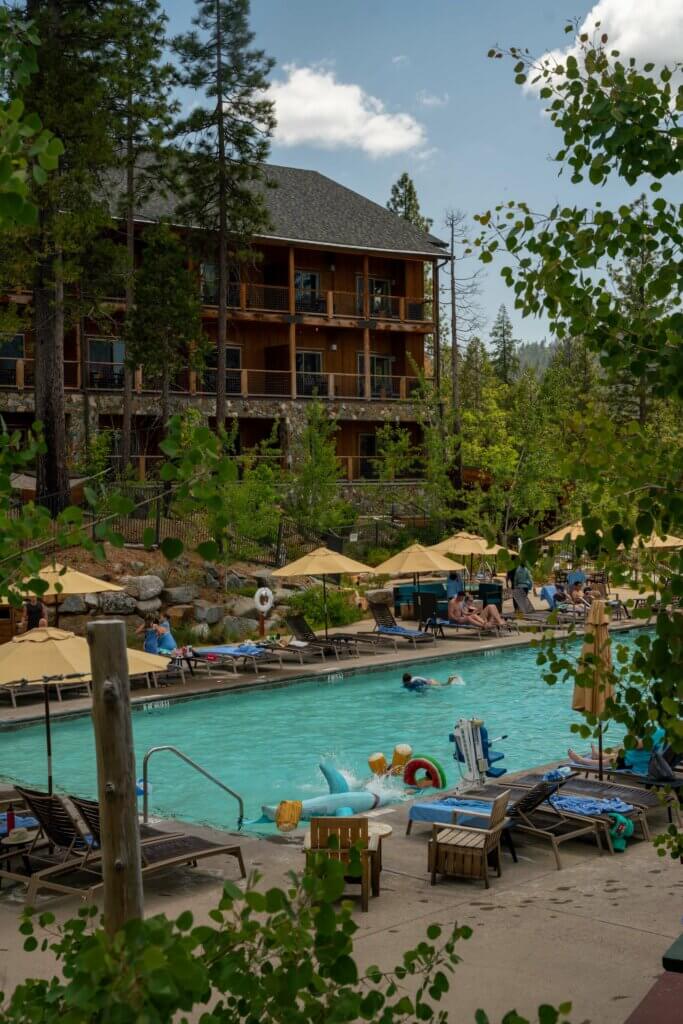 the outdoor pool at Rush Creek Lodge in Groveland near Yosemite National Park in Tuolumne County California