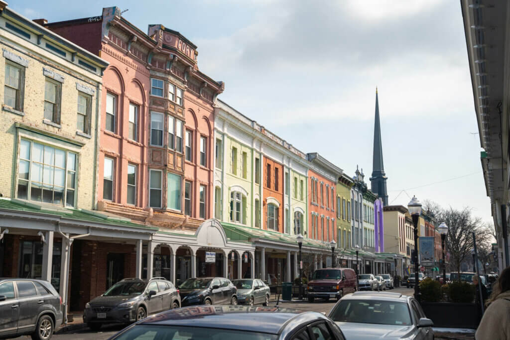 the pretty colorful architecture in Uptown Kingston or the Stockade District in the Hudson Valley New York