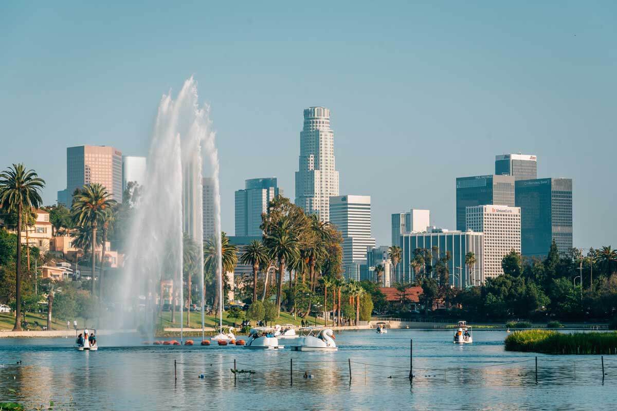 the-swan-boats-at-echo-park-lake-and-nice-views-of-los-angeles-skyline