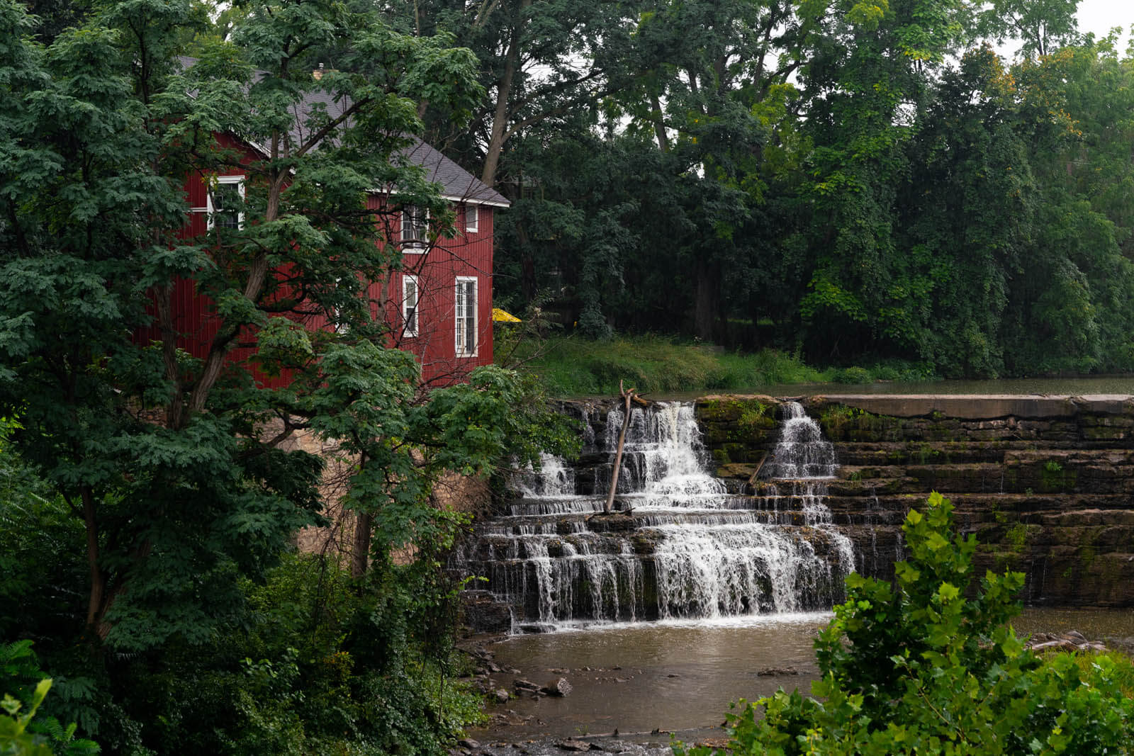 town of Honeoye Falls and the waterfall downtown in the Finger Lakes New York