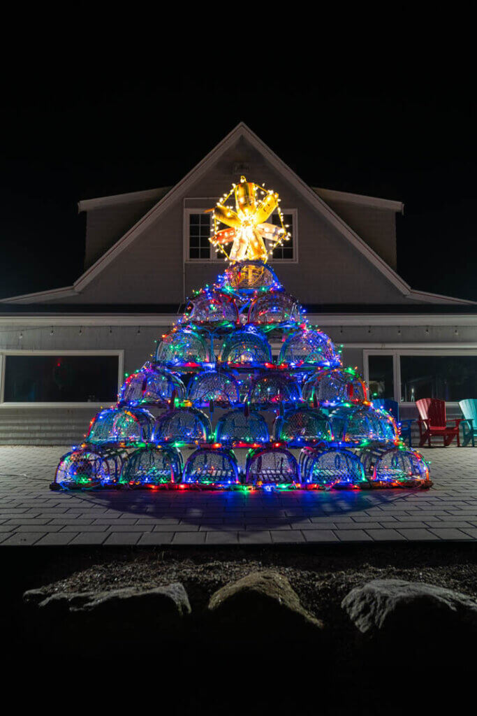 traditional wooden lobster trap christmas tree at Peggy's Cove in Nova Scotia