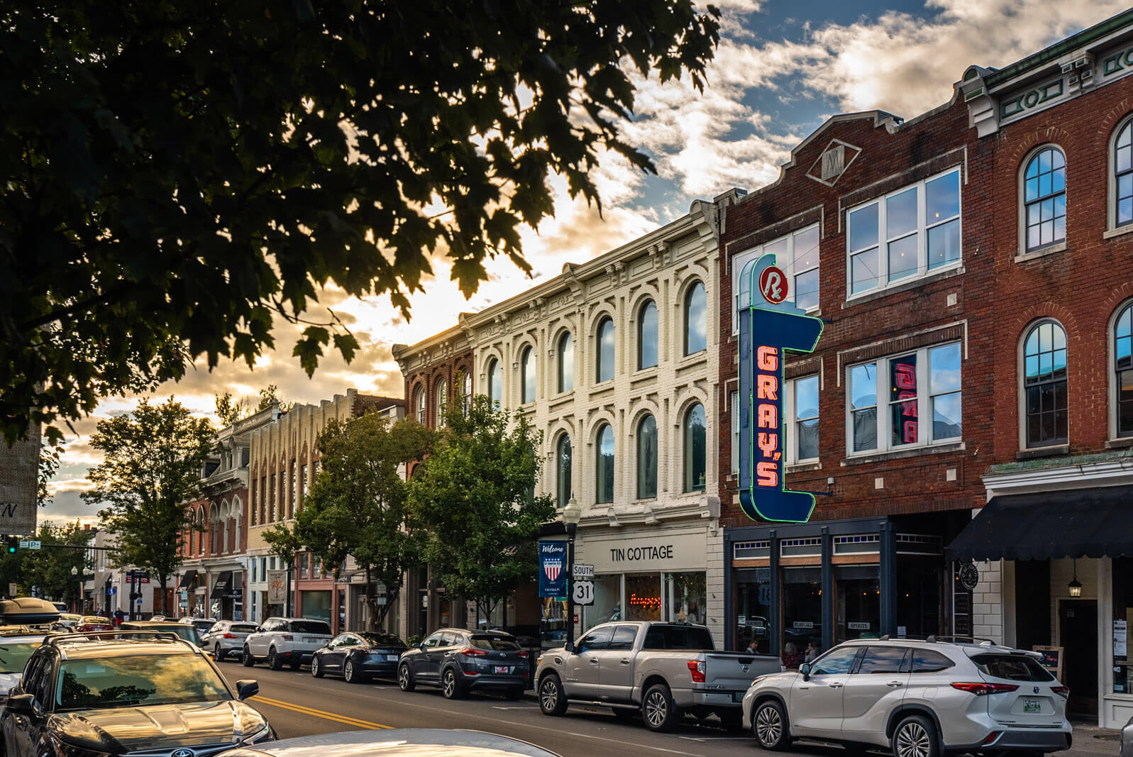 view down Main Street in Downtown Franklin Tennessee