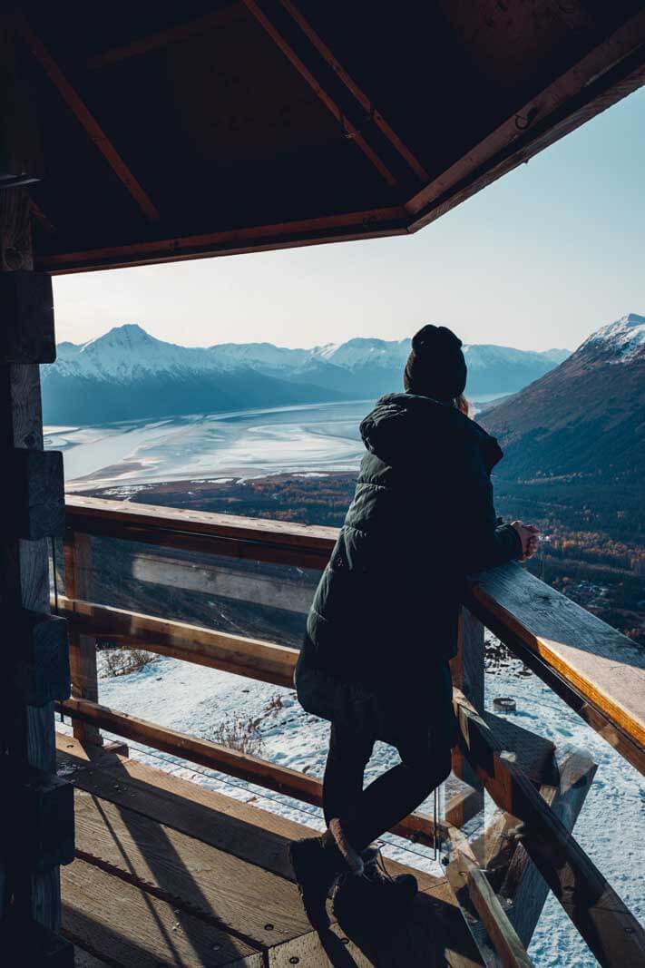 view from Alyeska Aeria Tram looking at ocean and mountains in Girdwood Alaska