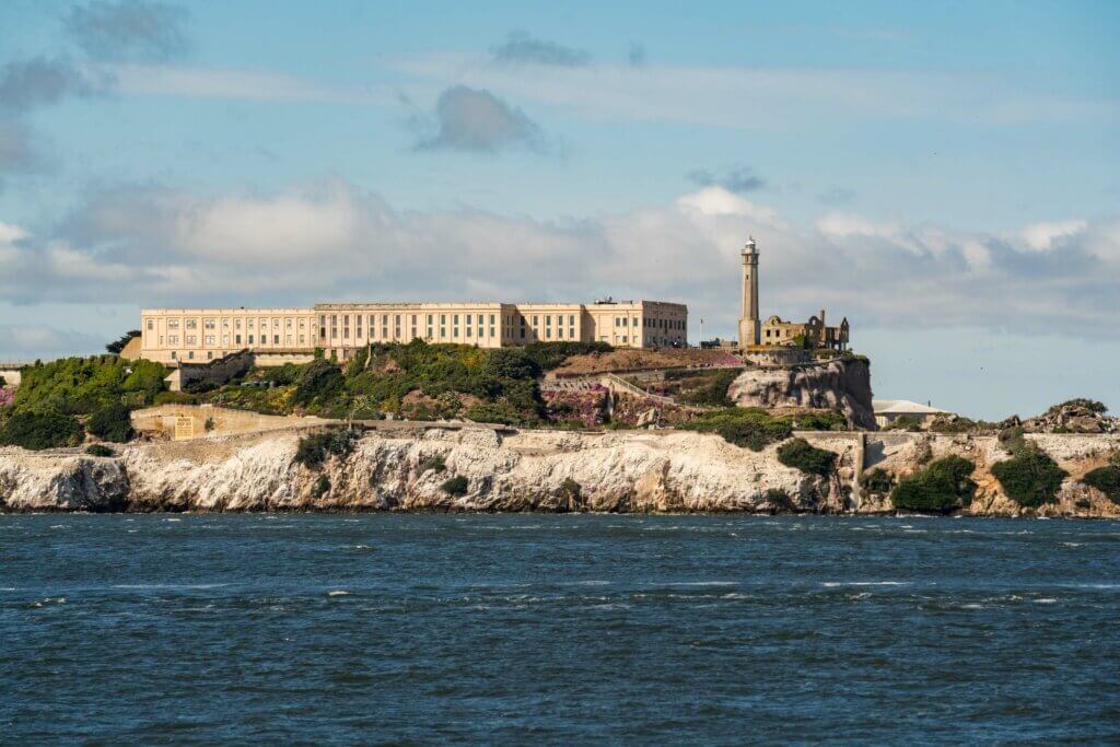 view of Alcatraz Island and Alcatraz Island Light from San Francisco Bay boat tour in California