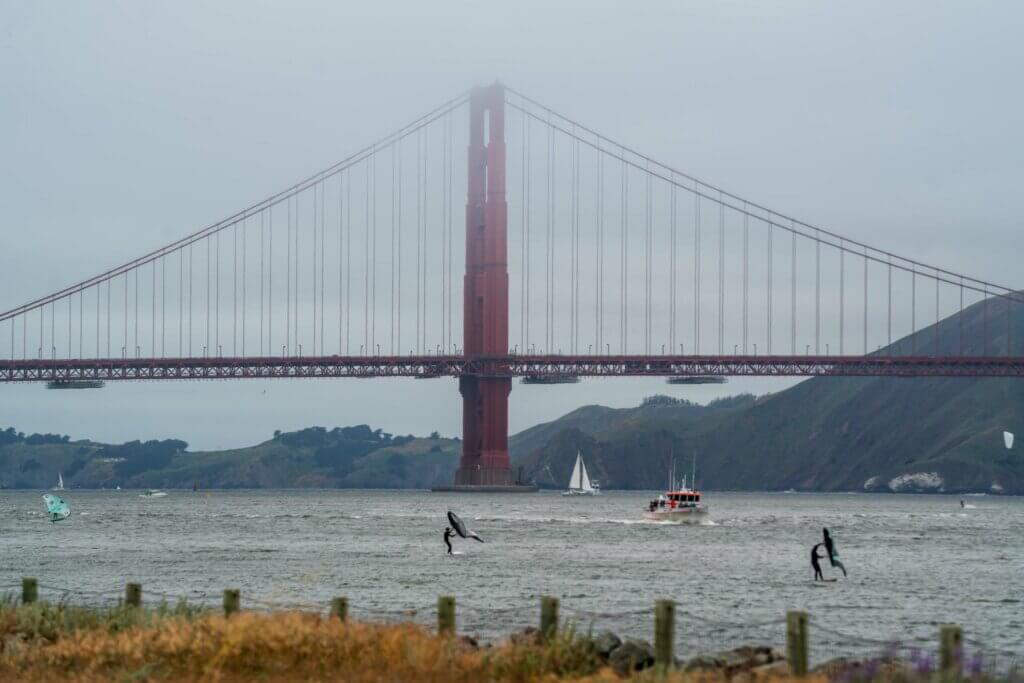 view of Golden Gate Bridge from Crissy Field and Crissy Beach in San Francisco