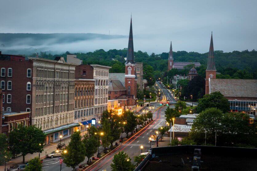 view of North Adams Massachusetts at night in the Berkshires