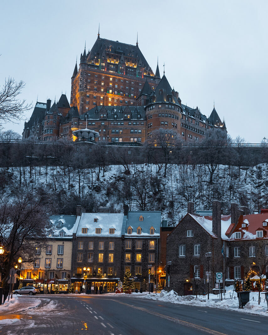 view of Old Quebec City and Chateau Frontenac at dusk in Canada
