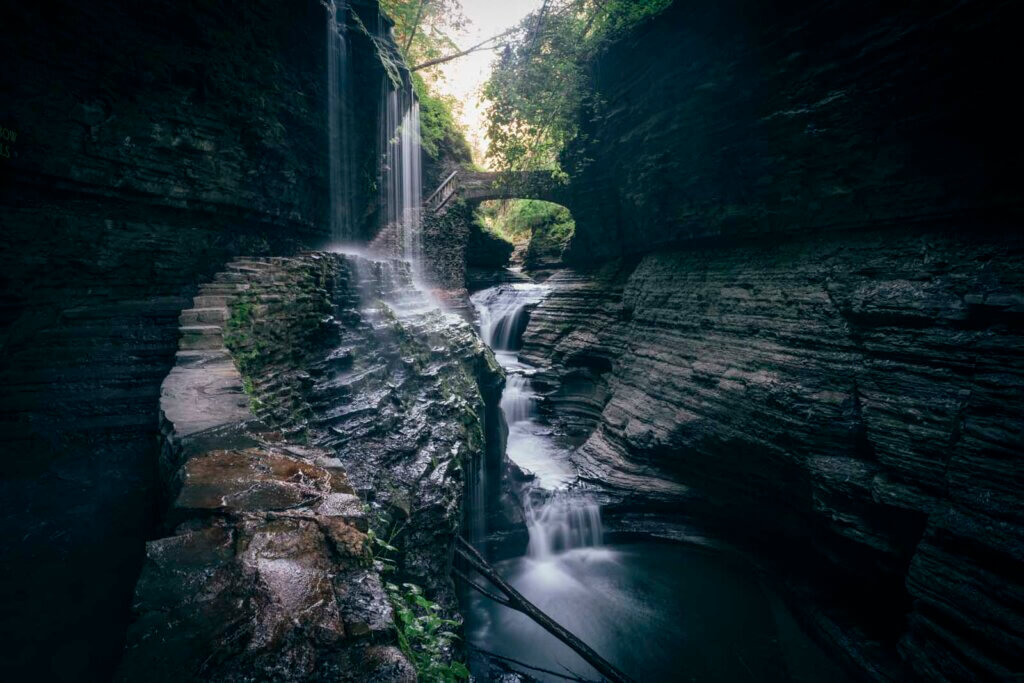 view of Rainbow Falls on the Gorge Trail at Watkins Glen State Park near Seneca Lake in the Finger Lakes New York