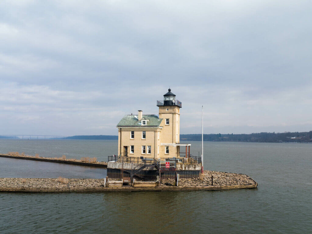 view of Rondout Lighthouse in the Hudson River in Kingston, NY
