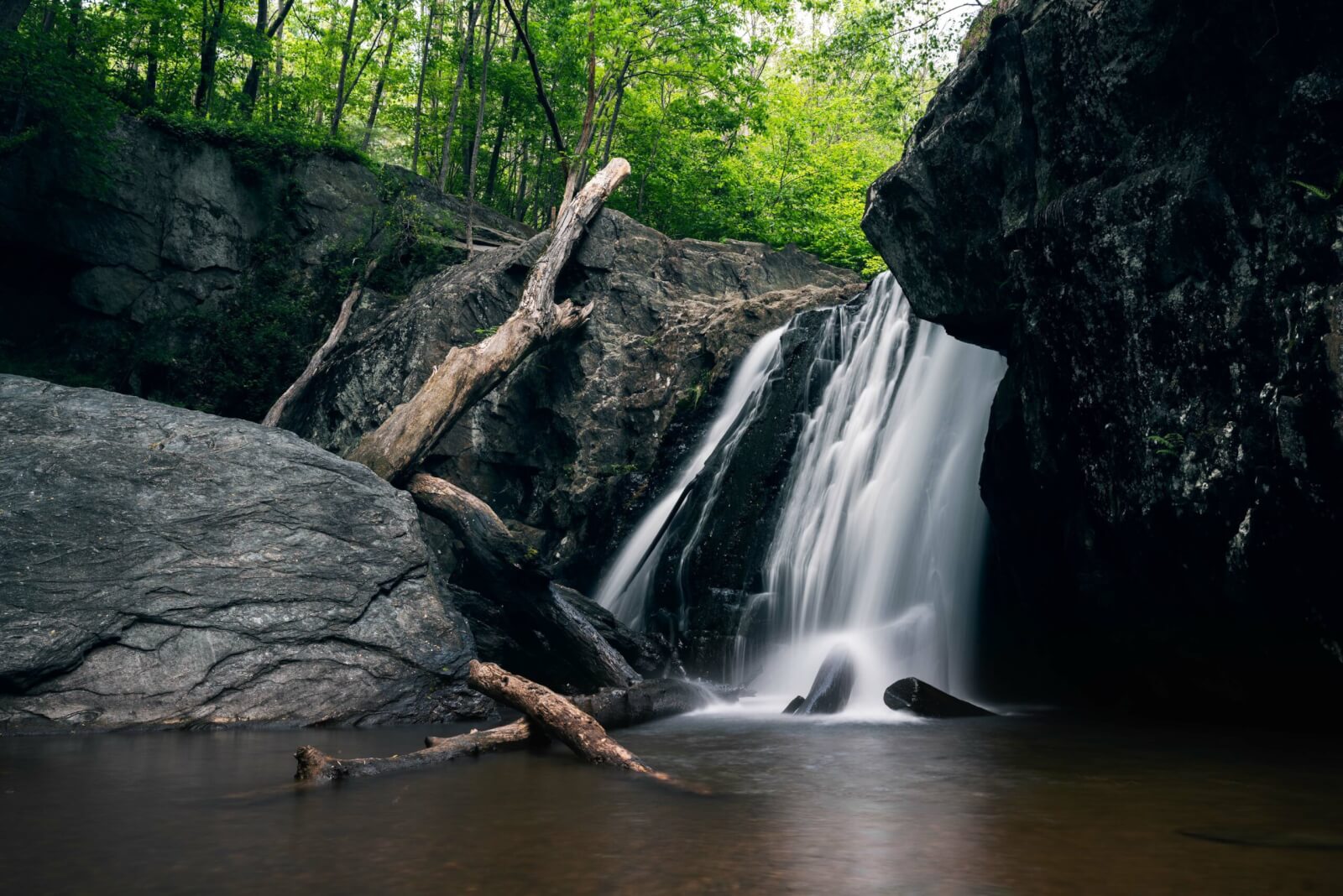 view of beautiful Kilgore Falls in Rocks State Park in Harford County Maryland
