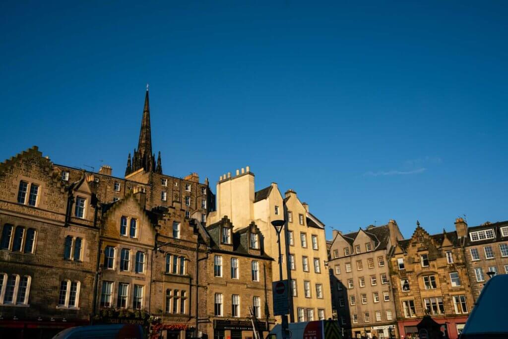 view of buildings in Grassmarket in Edinburgh Scotland