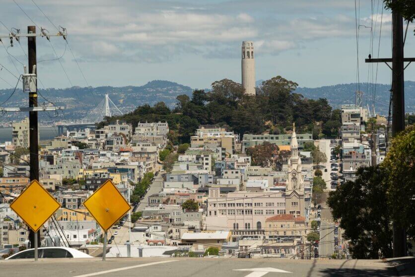 view of the Coit Tower from Hyde and Filbert Streets in San Francisco California