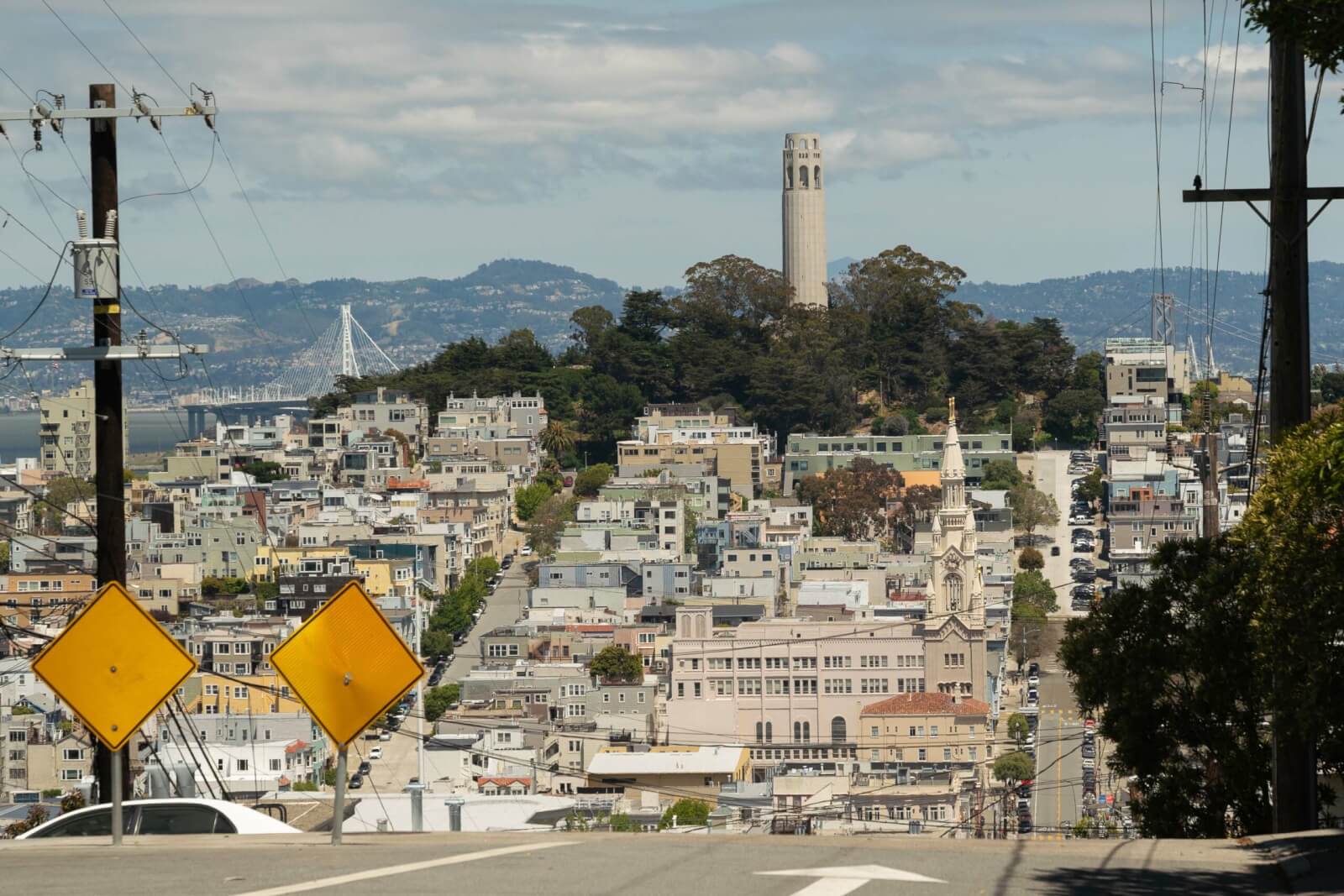 view of the Coit Tower from Hyde and Filbert Streets in San Francisco California