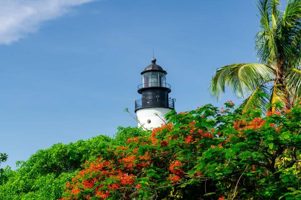 view of the Key West Lighthouse and Keepers Quarters from the Hemingway House in the Florida Keys