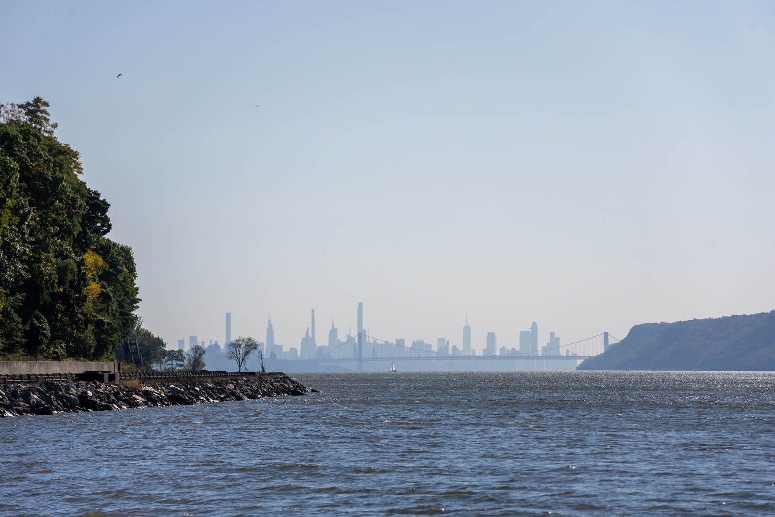 view of the NYC skyline from the Hastings-On-Hudson waterfront in Westchester County New York