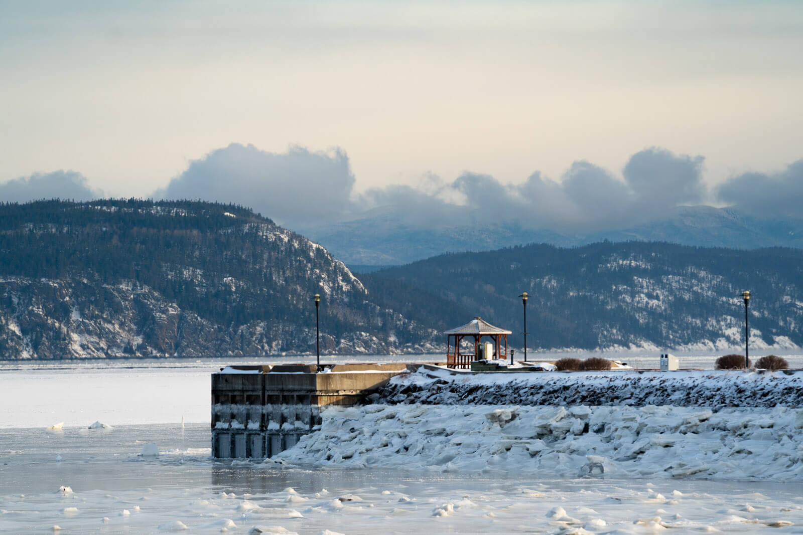 view of the Saguenay fjord in la baie quebec canada in winter