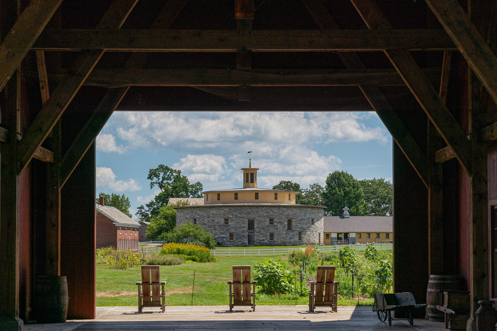 view of the barn at Hancock Shaker Village in the Berkshires near Pittsfield, MA