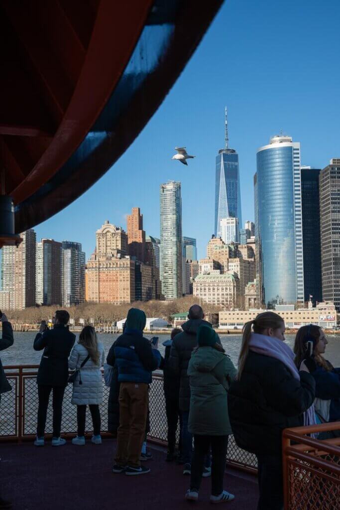 view of the lower manhattan skyline from the staten island ferry