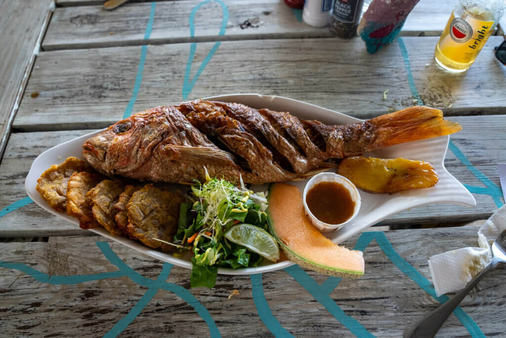 whole fried red snapper from the restaurant at Playa Forti in Curacao